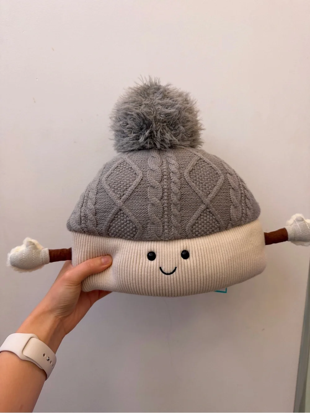 Jellycat Gray Knit Pom-Pom Beanie with Cream Plush Base